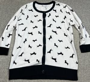 New York & Company Cardigan Women L Dachshund Dog Print Snap Front Sweater
